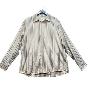 Calvin Klein Mens Striped Long-Sleeve Button-Up Shirt XL Beige/Red/Green